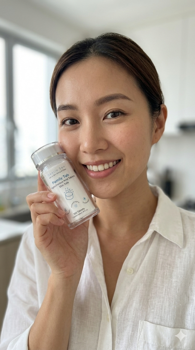 Woman holding gentle sen hypochlorous acid tablet bottle