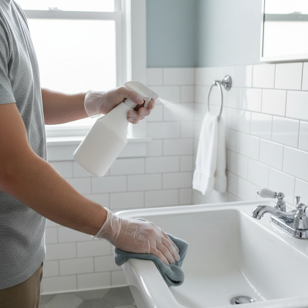 Person cleaning bathroom sink with spray cleaner — non-toxic bathroom cleaner guide for every surface