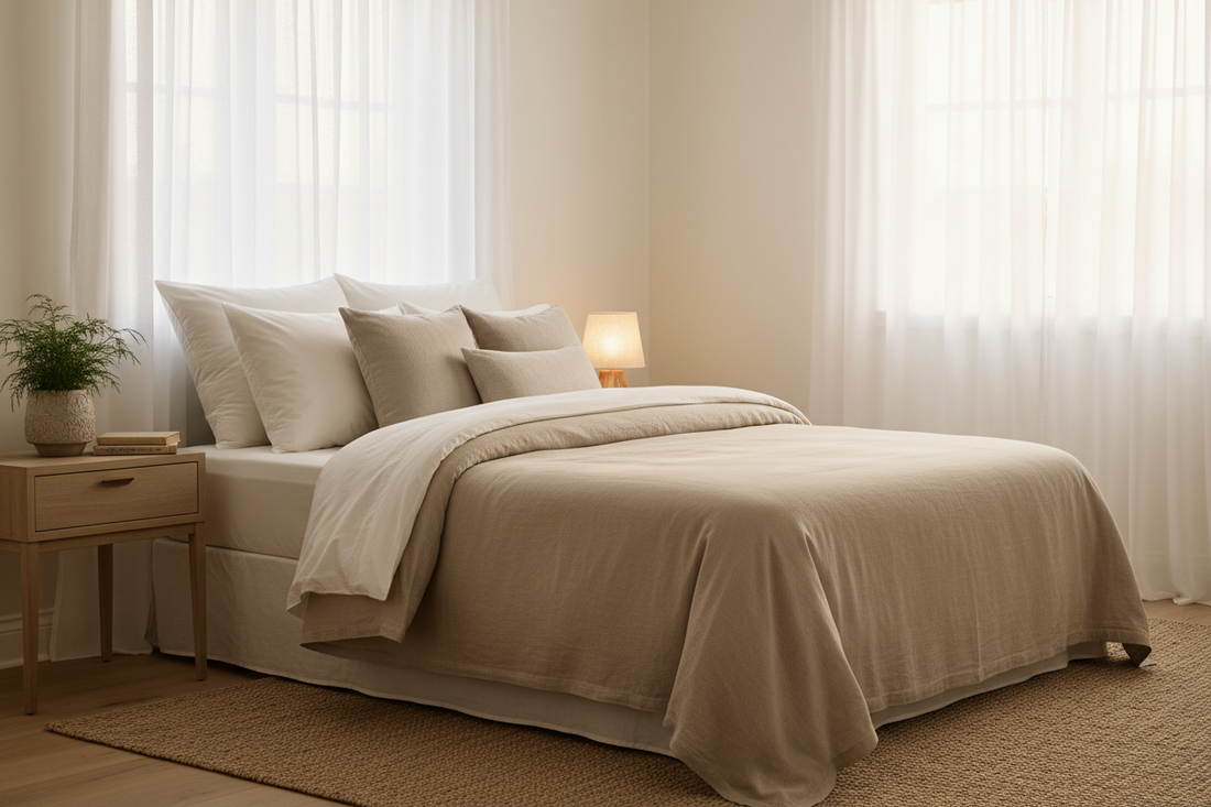 Bright, sunlit bedroom with neutral bedding