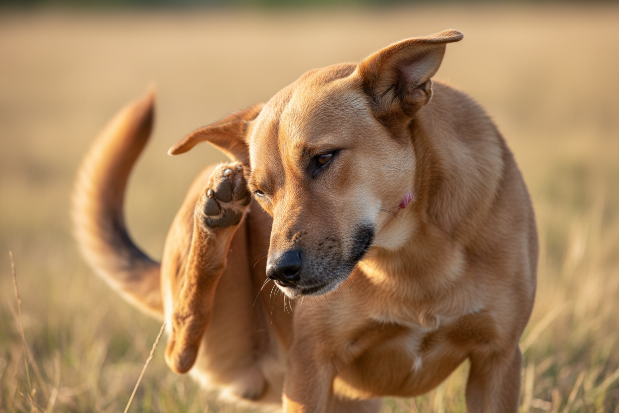 Brown dog scratching its head — a common sign of eczema or atopic dermatitis in dogs