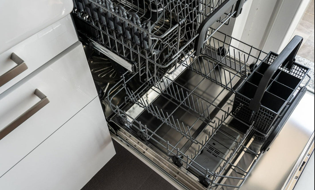 Open empty dishwasher with clean racks inside