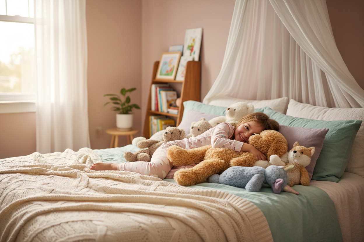 Girl hugging her plush toys while lying on a bed