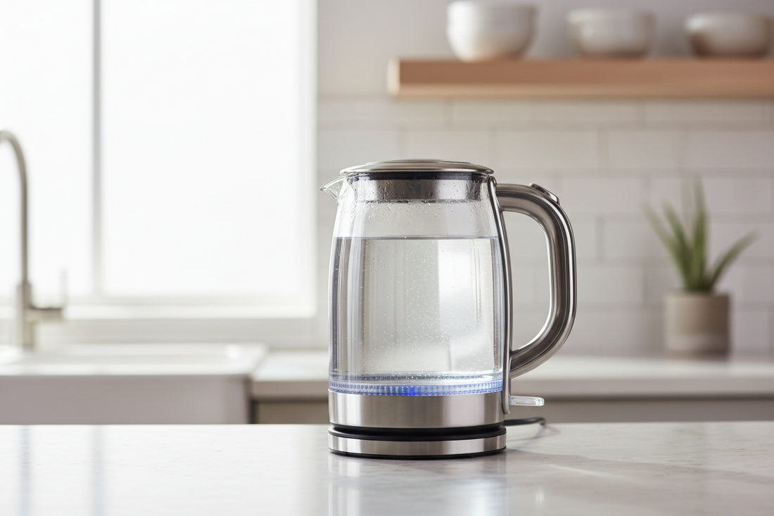 Glass electric kettle filled with clear water on a kitchen counter