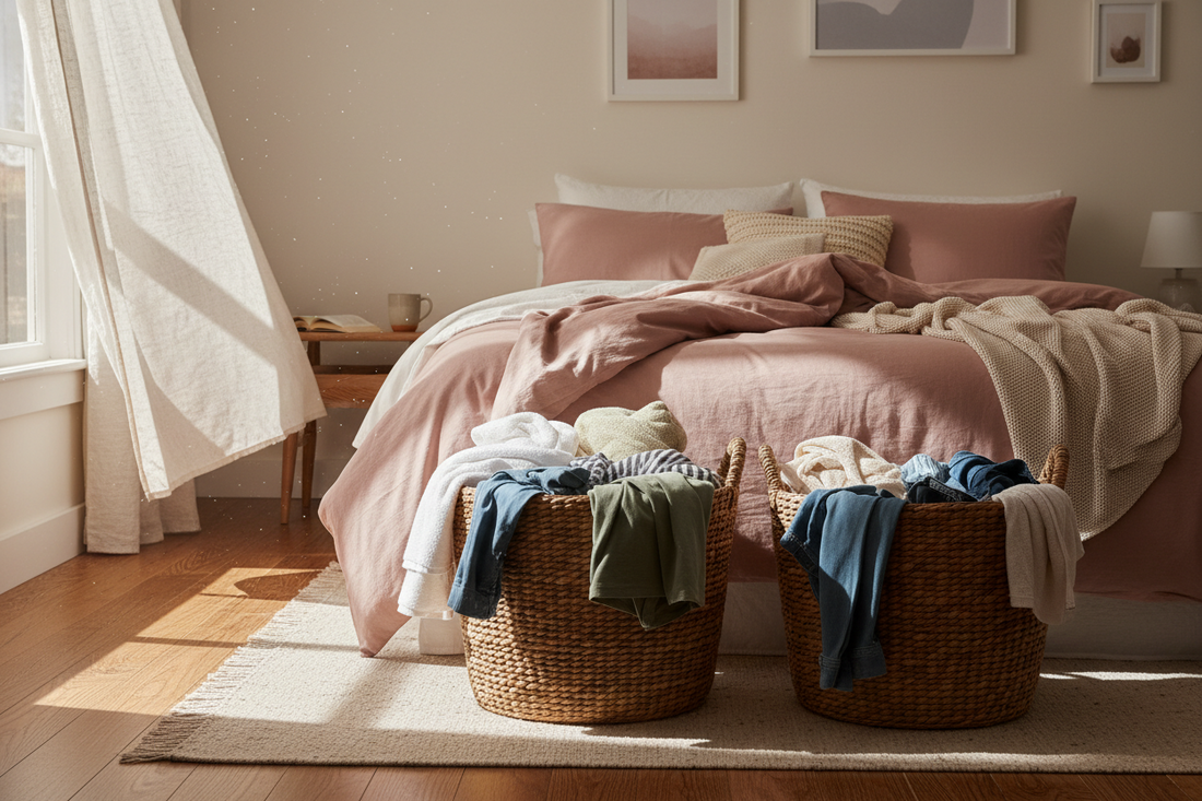 Laundry baskets full of towels and clothes sitting on the floor beside a bed