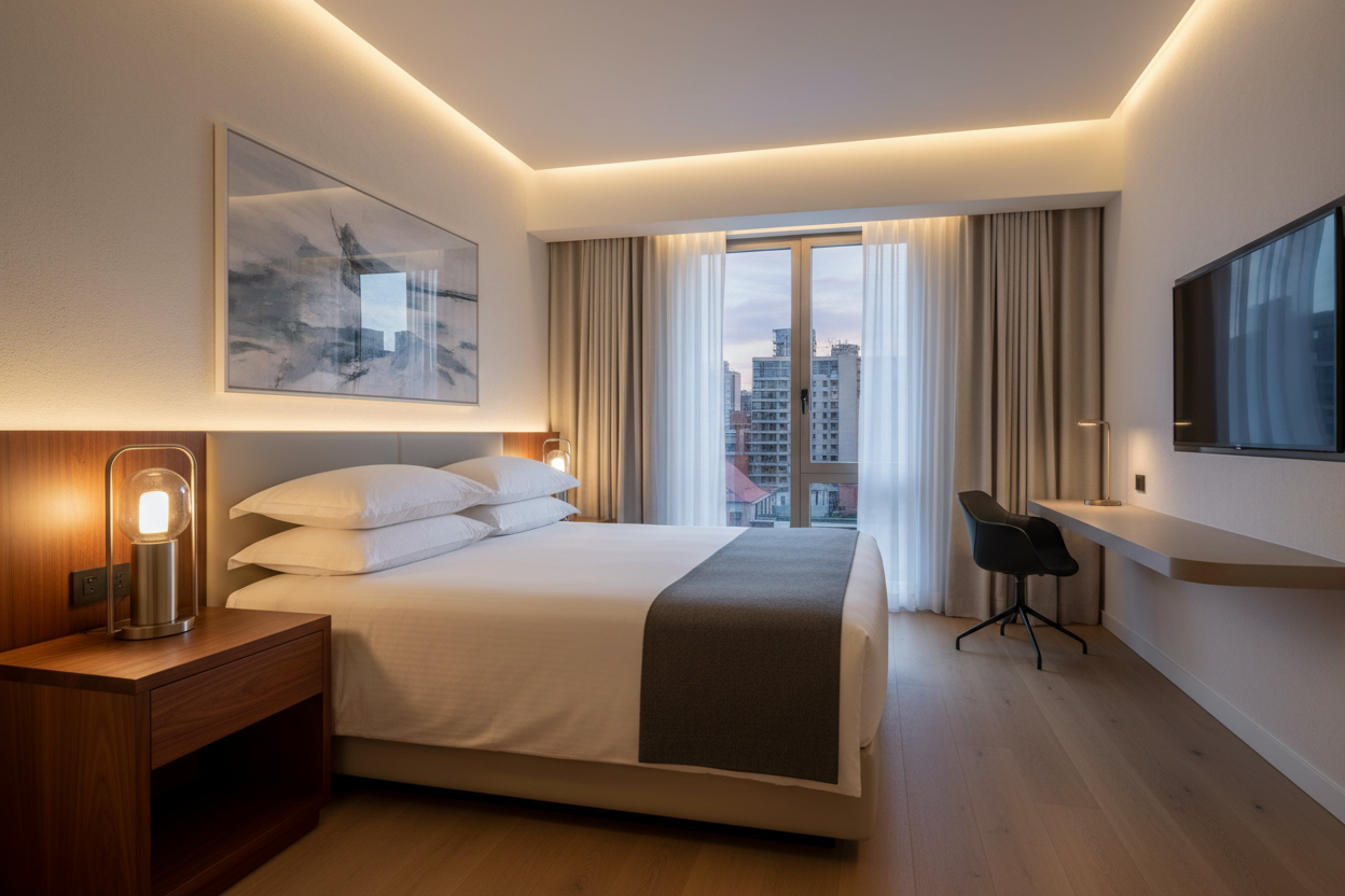 Modern hotel room interior with bed and nightstand