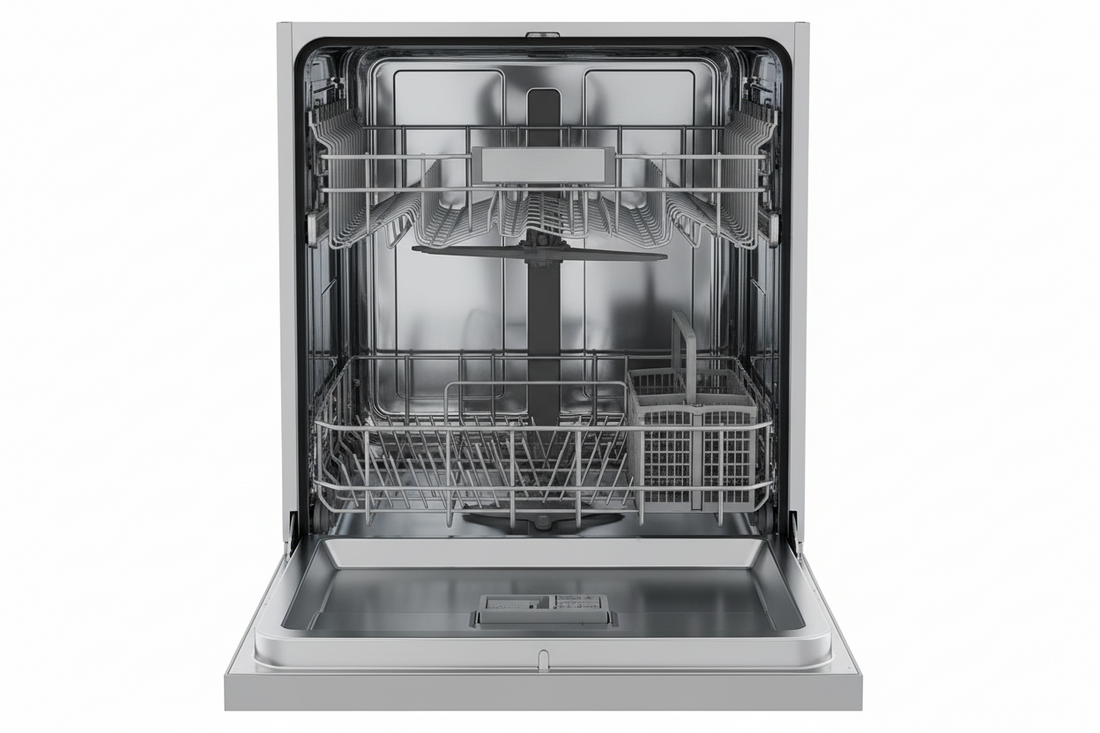 Open empty dishwasher with clean racks and detergent dispenser visible