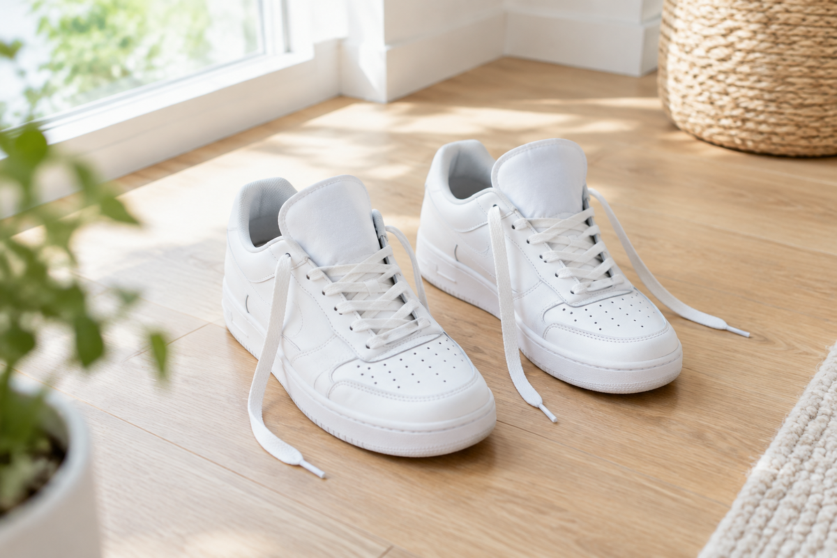 Pair of white sneakers airing out on a wooden floor — using hypochlorous acid for shoes to neutralize odor