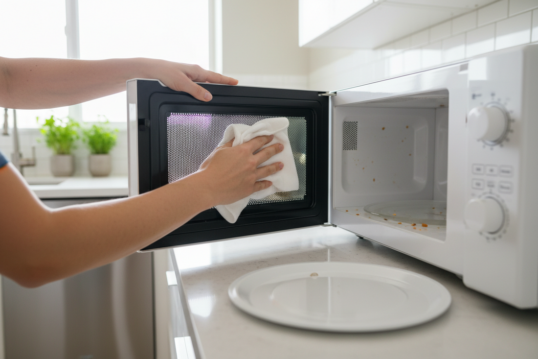 Person wiping down the inside of a microwave with a cloth