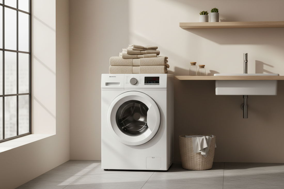 White front-load washing machine with folded beige towels stacked on top