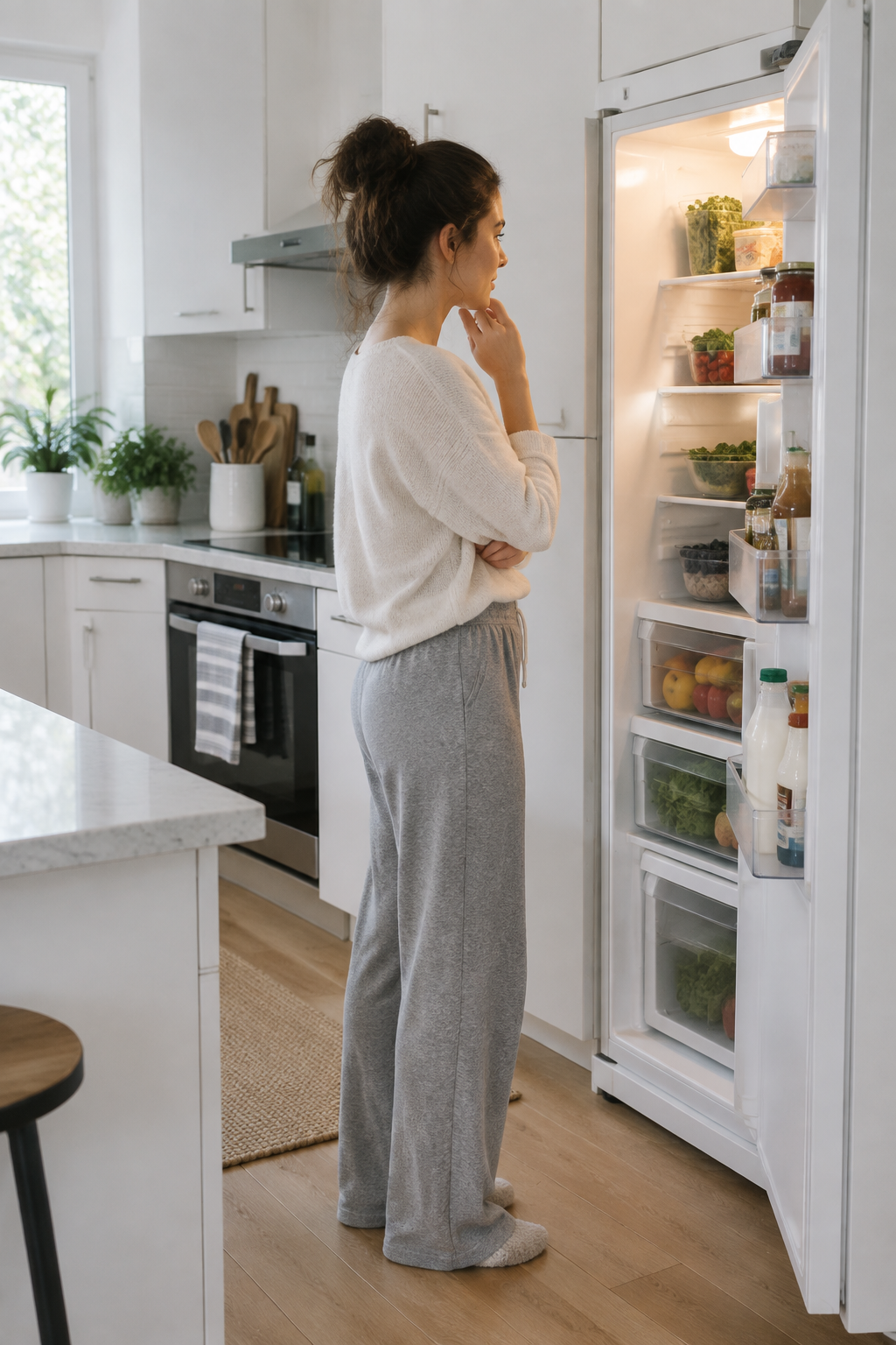 Woman looking into an open white refrigerator in a modern kitchen