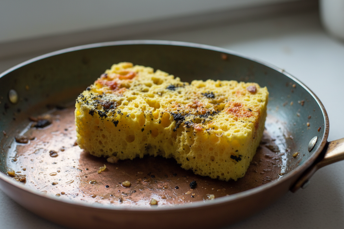 Yellow kitchen sponge sitting in a copper pan, showing built-up grime and food residue