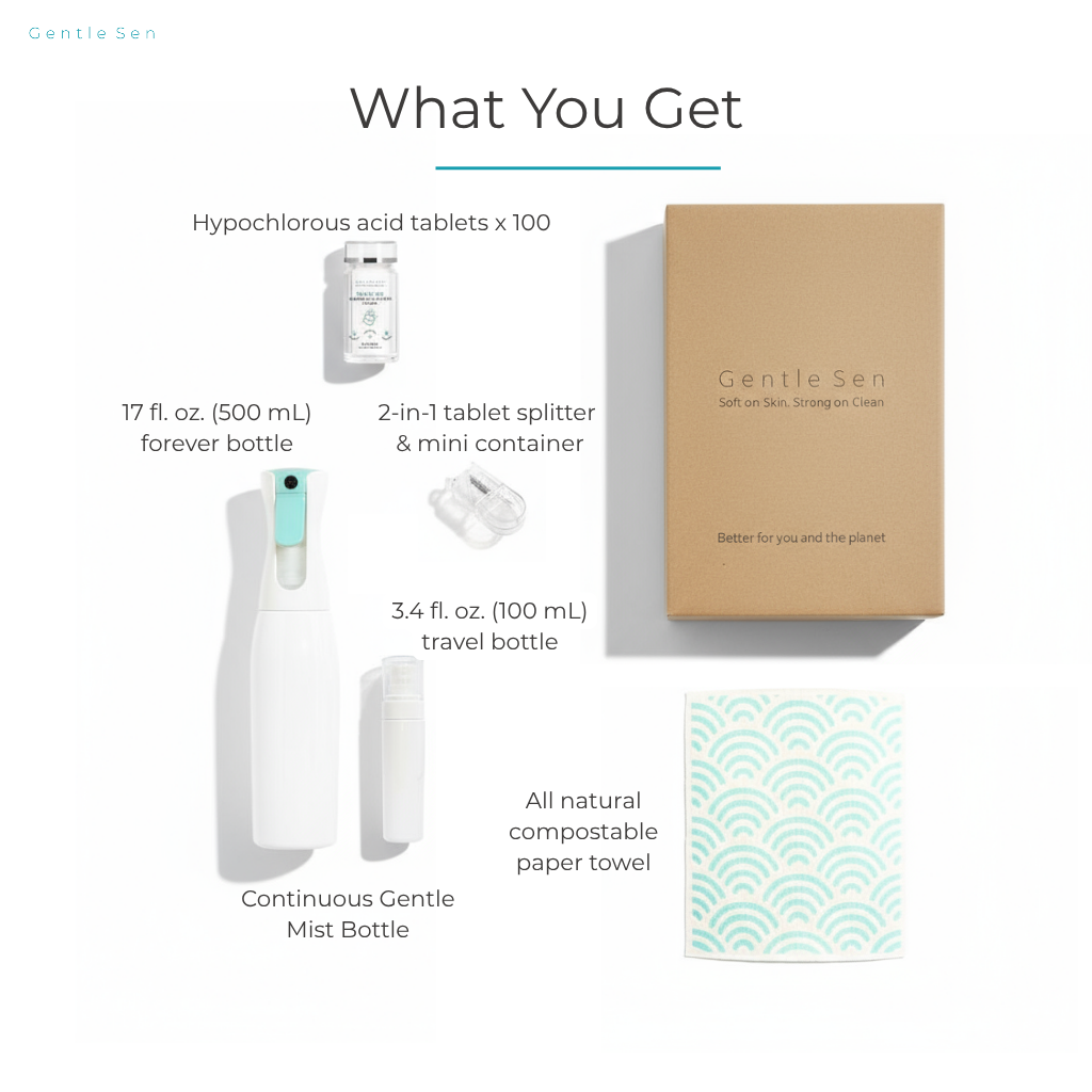 Set of cleaning products including two bottles, one wipe cloth, 2-in-1 tablet splitter & mini container, and a tablet bottle on a white background