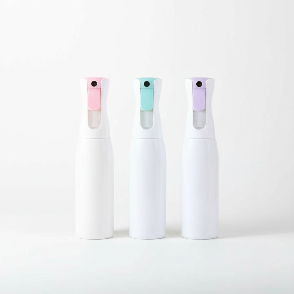 Three white bottles with color caps on a white background