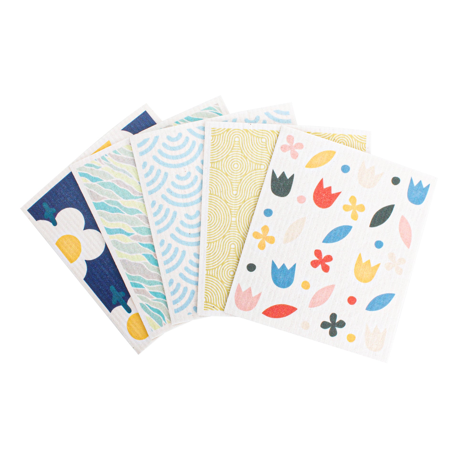Set of 5 colorful reusable paper towels with various patterns on a white background