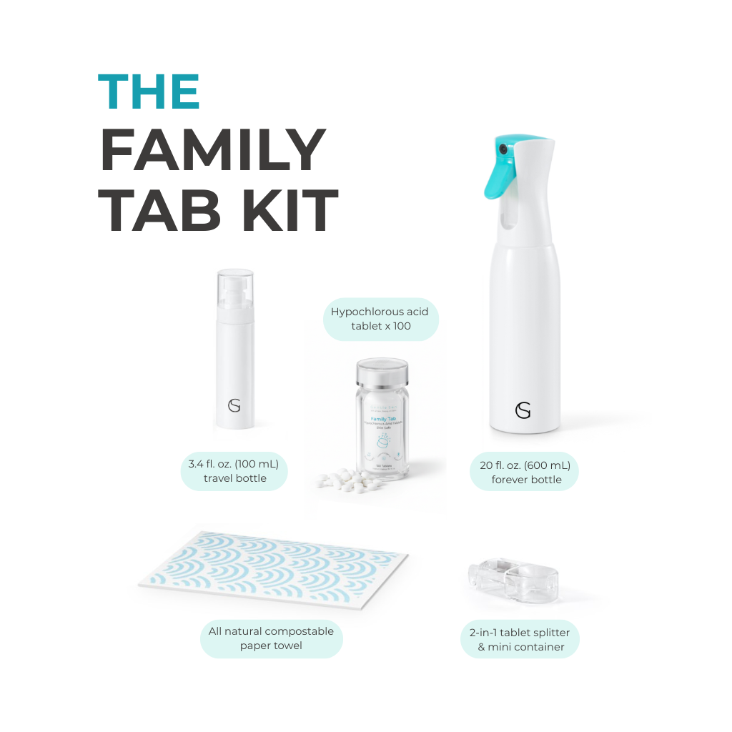 The Family Tab Kit displayed on a clean white background with descriptive text labels for each component: a travel bottle, a forever bottle, a small bottle with tablets, a paper towel, and a tablet splitter.