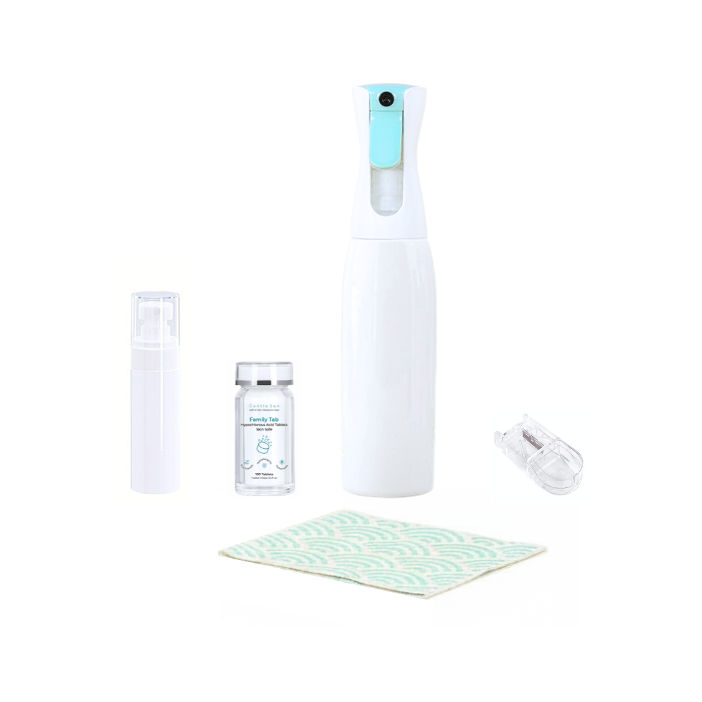 Set of cleaning products including two bottles, one wipe cloth, 2-in-1 tablet splitter & mini container, and a tablet bottle on a white background