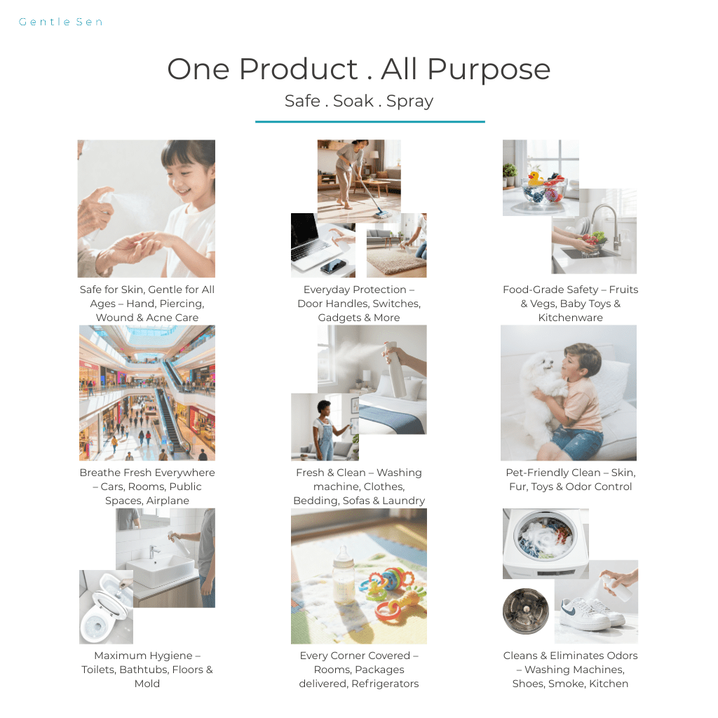 One Product . All Purpose. Safe . Soak. Spray. GentleSen is all you need. Just soak with the tablet or add water and spray.