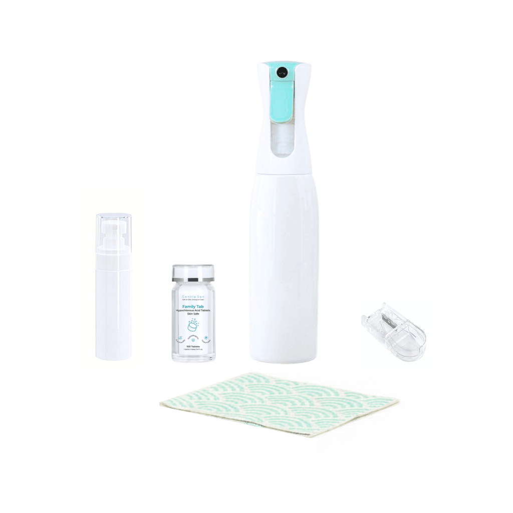 includes 100 tablets, 100ml mist travel bottle, Aqua Mint 500ml mist bottle, tablet splitter and GentleSen cloth