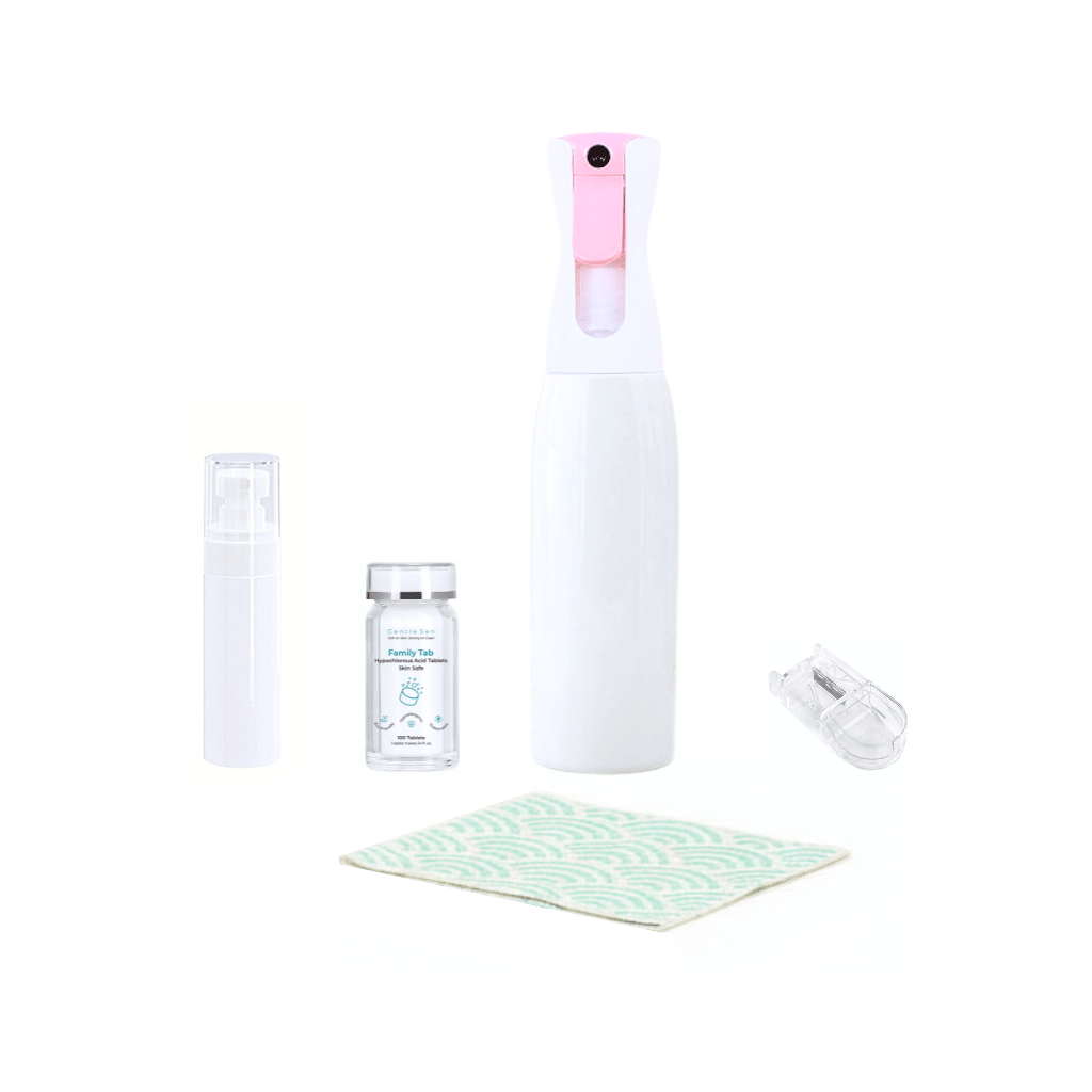 includes 100 tablets, 100ml mist travel bottle, Cotton Candy 500ml mist bottle, tablet splitter and GentleSen cloth