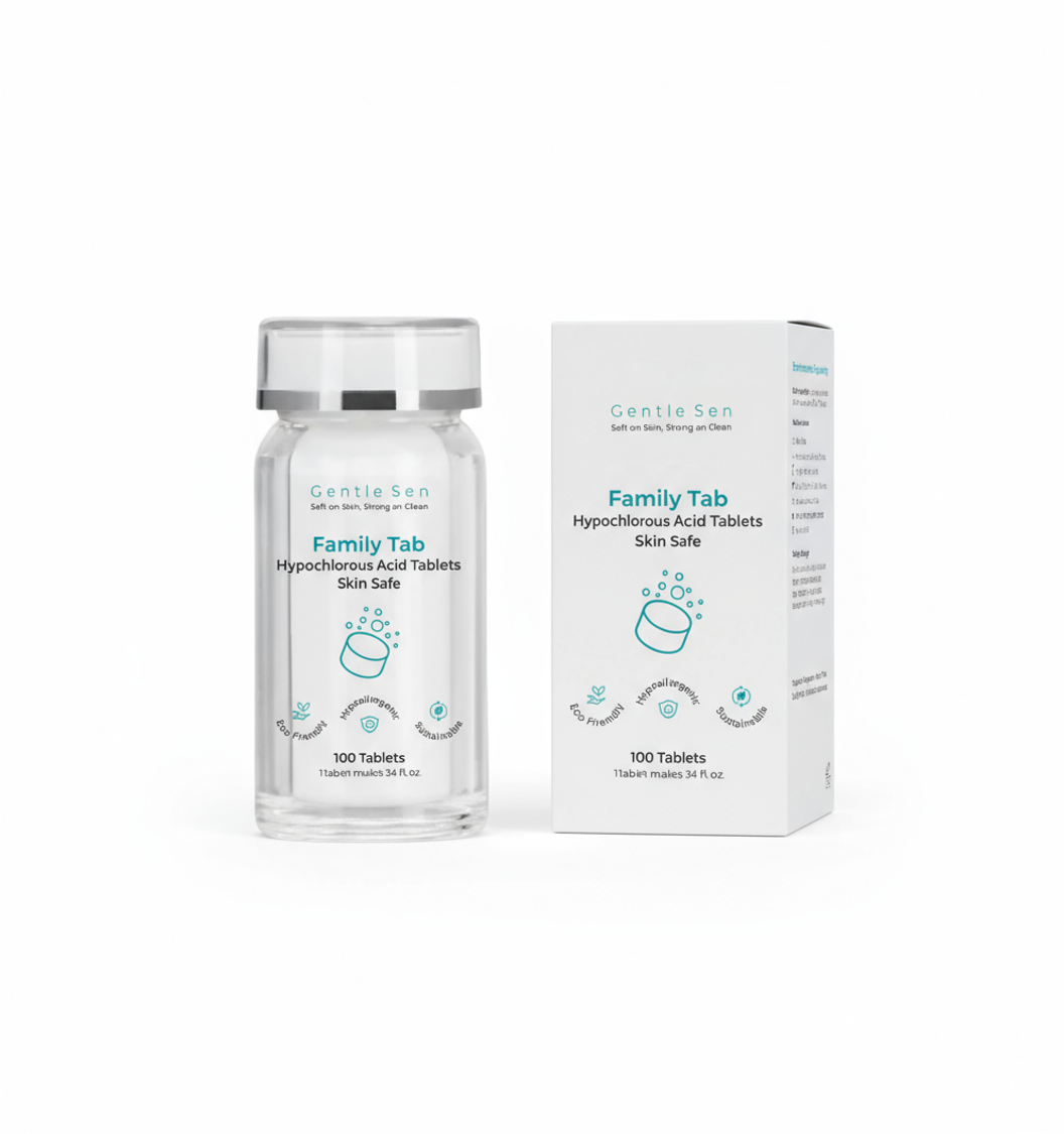 Bottle and box of Gentle San Family Tab Hypochlorous Acid Tablets on a white background