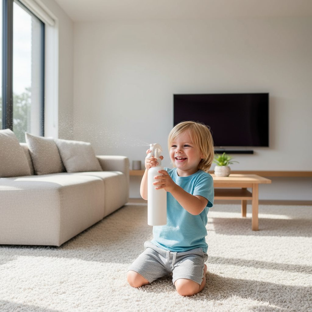 Child holding a bottle in a living room with a TV and sofa in the background
