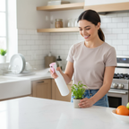 Woman in a kitchen holding a spray bottle and a plant, with a bright and clean atmosphere.