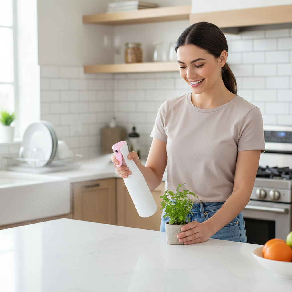 Woman in a kitchen holding a spray bottle and a plant, with a bright and clean atmosphere.